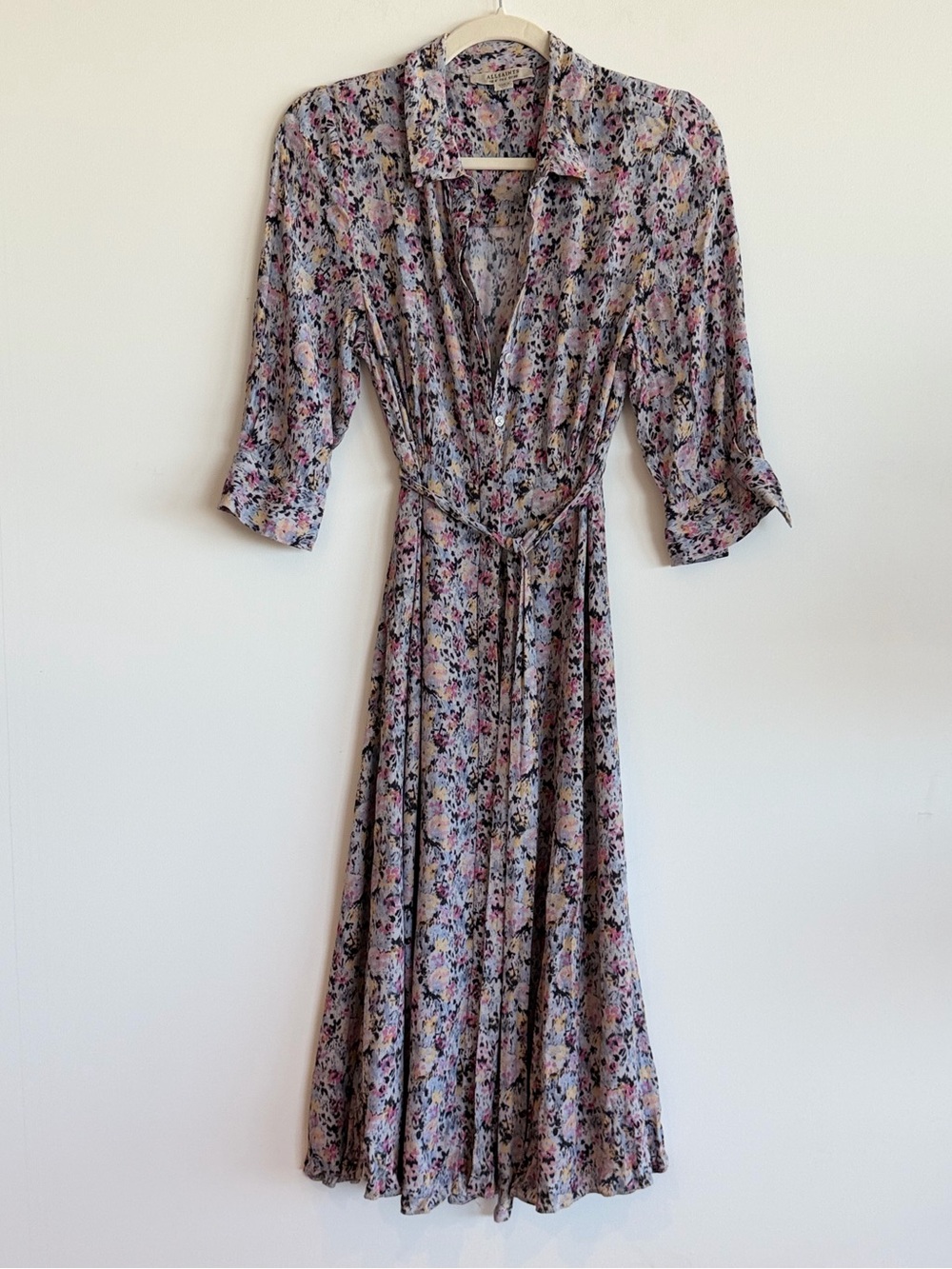 AllSaints Chiara Floral Sketch Midi Shirt Dress Size US 4 UK 8